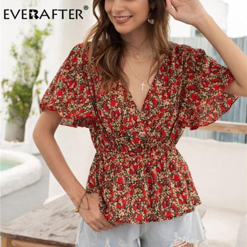 EVERAFTER V Neck Floral Print Women Shirt Sweet Blouse High Waist 2021 Summer Spring Short Sleeve Chic Holiday Blouse Female