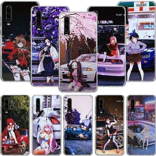 Anime Girl JDM Sports Car Drift Phone Case For Huawei P30 P40 P20 P10 Mate 20 10 30 Lite Pro P Smart Z Plus Printing Cover Coque