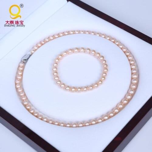 Daking REAL PEARL 925 Sterling Silver Pearl Jewelry Set Fashion Necklace Bracelet Set with 6-7mm Natural Pearls