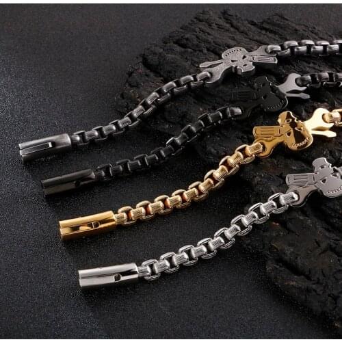Jewels Store Punk Viking Skull Charm Bracelet Men Stainless Steel 22cm 4 Color Box Chain Linking Wristband Jewellry For Man