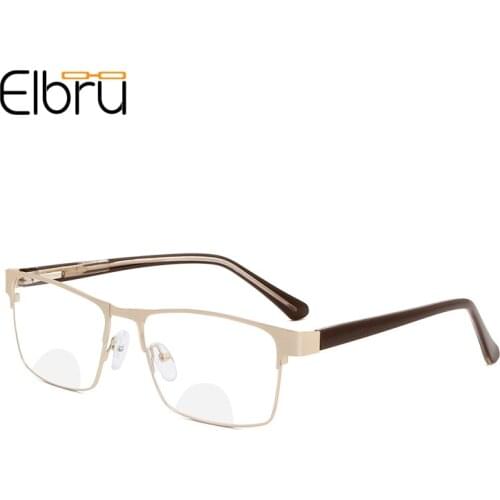 Elbru Business Square Bifocals Reading Glasses Ultralight Metal Full Frame Presbyopia Eyeglasses For Women Men Diopters +1.0 4.0