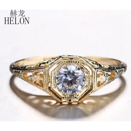 HELON Moissanite Ring Real 10K Yellow Gold 0.4ct VVS/DEF Test Positive Moissanite Diamonds Engagement Ring Women Vintage Jewelry