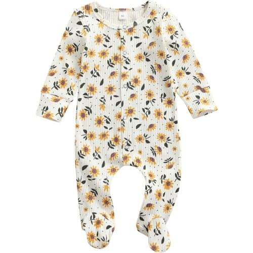 Infant Baby Girls Floral Print Footies Romper, Long Sleeve O-neck Ribbed Jumpsuit for Spring, Fall