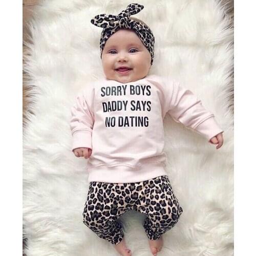 0-2Years Newborn Baby Girl Clothes Set Fashion Leopard Pants Tops Headband 3Pcs Autumn Toddler Infant Clothing Outfits KF763