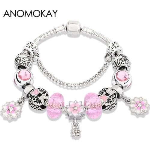 Cute Pink White Enamel Cherry Blossoms Pendant Charm Bracelet Butterfly Flower DIY Women Bead Bracelet Pulseira Feminina