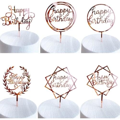 New Happy Birthday Cake Topper Rose Gold Heart Birthday Acrylic Cake Topper For Kids Birthday Party Cake Decorations Baby Shower