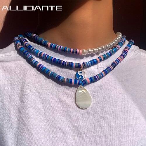 Vintage Blue Shell Soft Pottery Clay Beaded Necklace For Women Asymmetry Pearl Choker Handmade Heart Necklace Boho Girls Jewelry