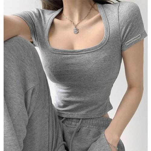 TVVOVVIN Simple Square Collar Short Sleeve Labeling Elasticity T-shirt Korean Slim Open Navel Casual Bottomed Tops J1YM