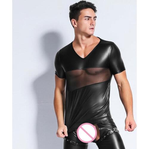 Sexy Men Patchwork Gothic Mesh PU Faux Leather T-Shirt Punk V-neck Shiny T-Shirt Cool Men Night Tight Shirts Plus Size Gay Wear