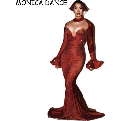 Sexy Stage Flare Sleeve Red Rhinestone Party Mermaid Dress Women Trailing Dress Singer Stage Crystals Evening Birthday Dress