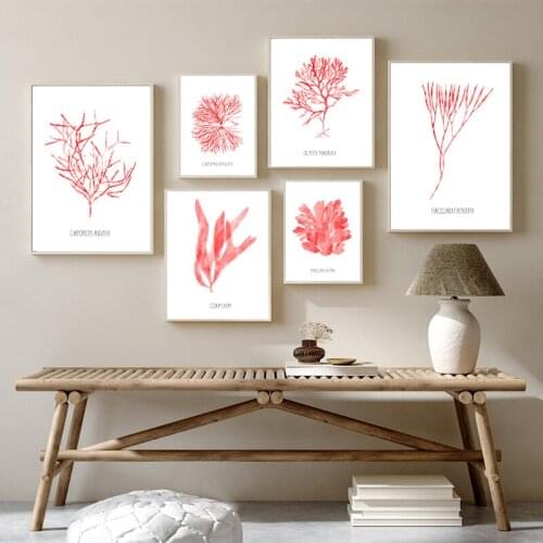 Seaweed Light Red Watercolor Paintings Poster Canvas Print Bathroom Coastal Home Decoration Pictures Beach House Wall Art Decor