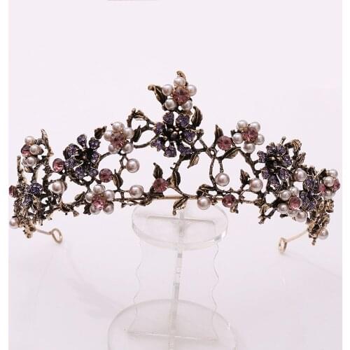 Baroque Vintage Black Purple Crystal Pearls Bridal Tiaras Crown Rhinestone Pageant Diadem Floral Tiara Wedding Hair Accessories