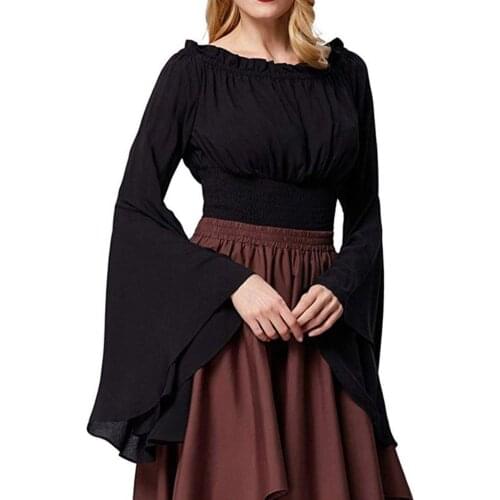 Women Medieval Renaissance Solid Color Bell Sleeve Ruffled Off Shoulder Blouse for Halloween