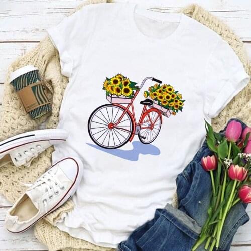 Female T-shirt Bike and Sunflower Printed Harajuku Short Sleeve White T Short Sleeve Shirt Casual Ladies T Shirt