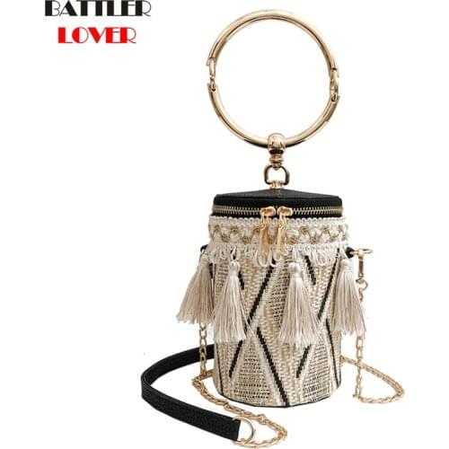 2019 Japan Style Bucket Cylindrical Straw Bags Barrel-Shaped Woven Women Crossbody Bags Metal Handle Shoulder Tote Bag Ladies
