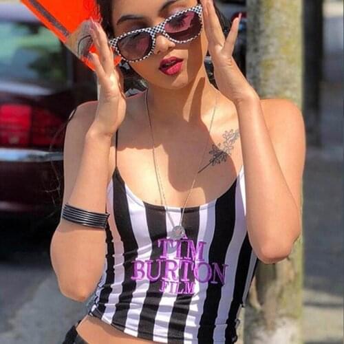 Letter Embroidery Women Sexy Crop Top 2021 Summer Sleeveless Skinny Camis Stripe Camisoles Tim Burton Woman Clothes