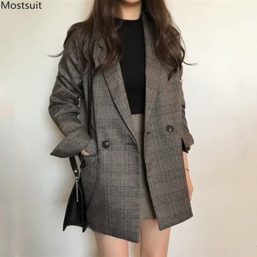 Spring Autumn Women Vintage Plaid Blazer Long Sleeve Loose Coat Office Lady Korean Jackets 2021 Chaqueta