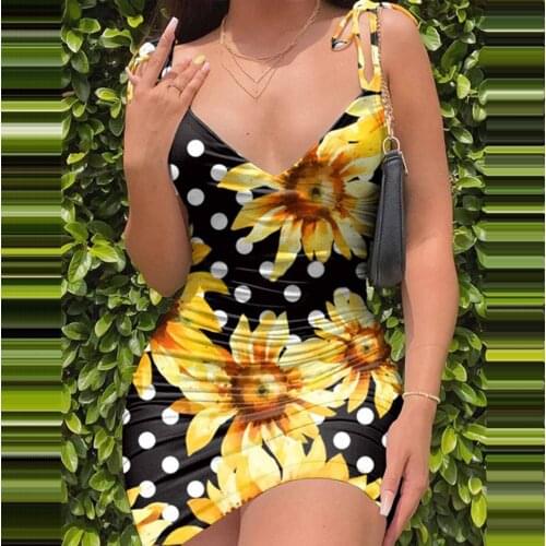 Sunflower Print Woman Dress Camisole Bra Sleeveless Sexy Slim Dress Vestidos Elegantes Para Mujer Bodycon Dress Women Vrouw Jurk
