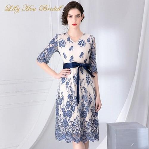 Robe de soiree Mother of the Bride Evening Dress V Neck Half Sleeves Navy Blue Lace Knee Length Formal Party Dress with Sash