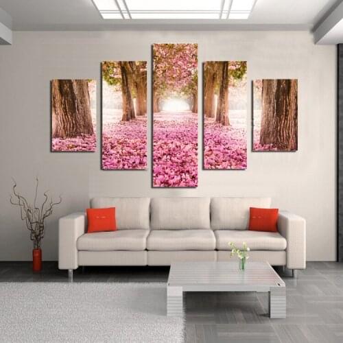 5 Panels Pink Cherry Blossom Trees Fallen Flowers Deep Long Path Road Picture Print Wall Canvas Painting custom and drop ship