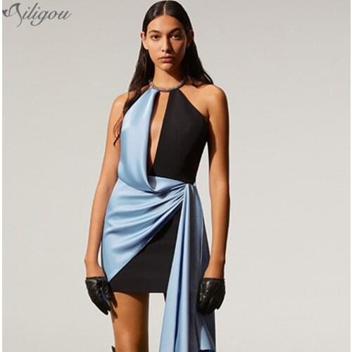 Ailigou Summer Womens Dress Celebrity Party Dress Sky Blue Stitching Design Hanging Diamond Chain Sling Sexy Party Dress