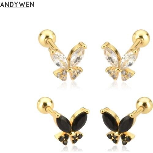 ANDYWEN 925 Sterling Silver Gold Ovals Butterfly Zircon CZ Stud Earring Piercing Clips Rock Punk Beads Jewelry Gift Pendiente