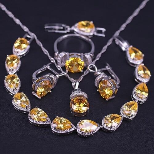 Sparking Yellow Cubic Zircon Silver Color Bridal Jewelry Set For Women Earrings Ring Necklace Bracelet Set Anniversary Present