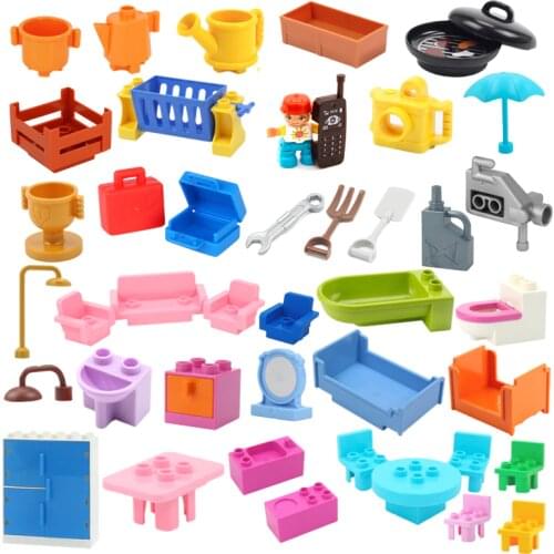 Big Building Blocks Furniture Model Accessories Compatible Duplos House Sofa Table Wardrobe Chair Kitchenware Children Diy Toys