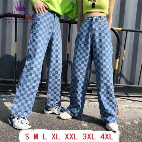 Harajuku Unisex Pants Plaid Pattern High Waist Loose Long Women Pants New Style Fashion Blue 2020 Spring Autumn Streetwear