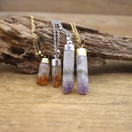Natural Amethysts Geode Druzy Cylinder Pendants,Healing Crystal Quartz Citrines Drusy Point Charms Necklace Women Jewelry,QC3099