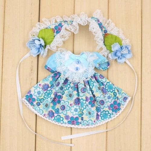 DBS Blyth icy 1/6 doll clothes Blue Flower dress with hair band dress up girl gift