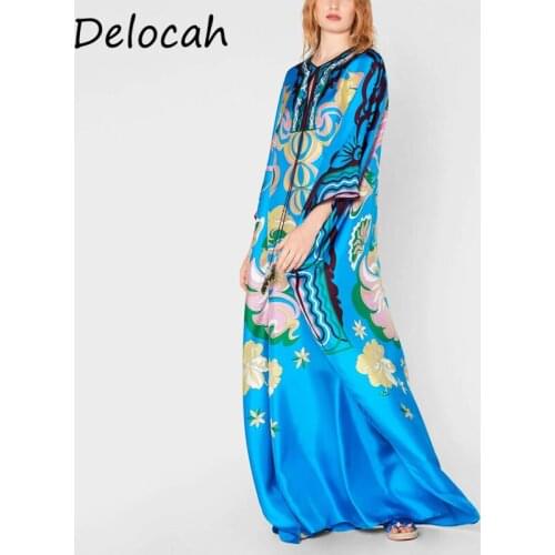 Delocah Women Summer Fashion Designer Party Maxi Dress Batwing Sleeve Bow Vintage Printed Ladies Robe Split Boho Long Dresses