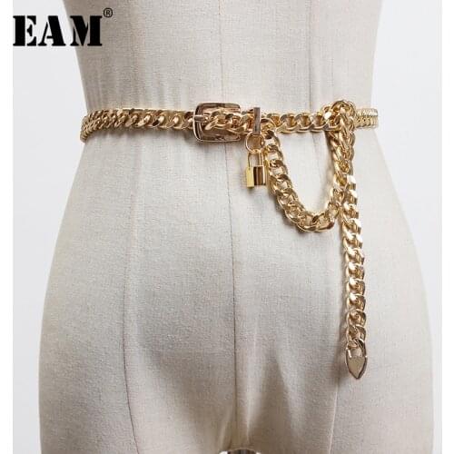[EAM] Metal Waist Chian Long Lock Stylish Split Joint Belt Personality Women New Fashion Tide All-match Spring 2021 1U253