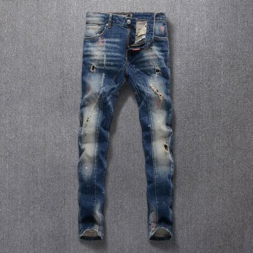 European American Street Fashion Men Jeans Retro Blue Slim Ripped Jeans Men Painted Embroidery Designer Hip Hop Denim Punk Pants