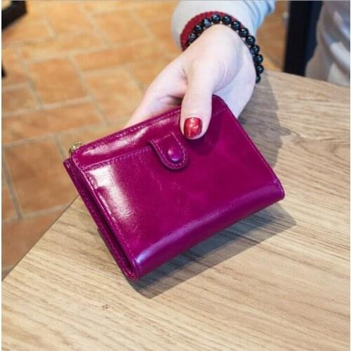Genuine leather wallet women Oil wax leather Classic Slim Wallet and Purse Card holders Black Light Brown Purple pink Green Blue