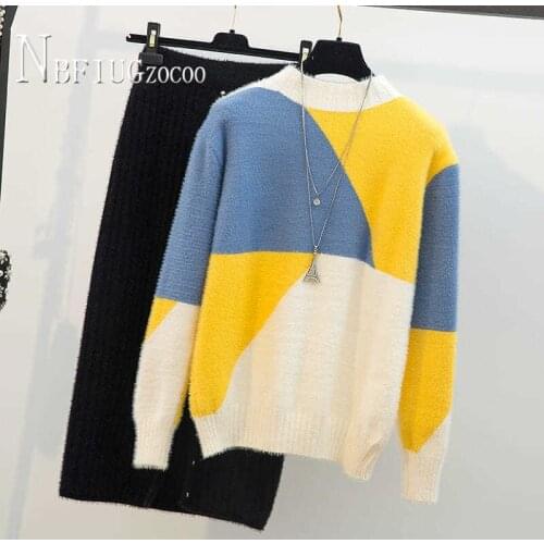 Korean Fashion Winter 2 Piece Knit Set Long Sleeve Sweaters + Elastic Skirt Elegant Set