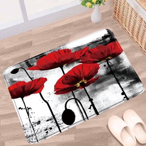 Red Poppy Flower Bathroom Mat Ink Watercolor Florals Plant Anti-Slip Rugs Flannel Home Decor Bath Kitchen Doorway Aisle Carpets