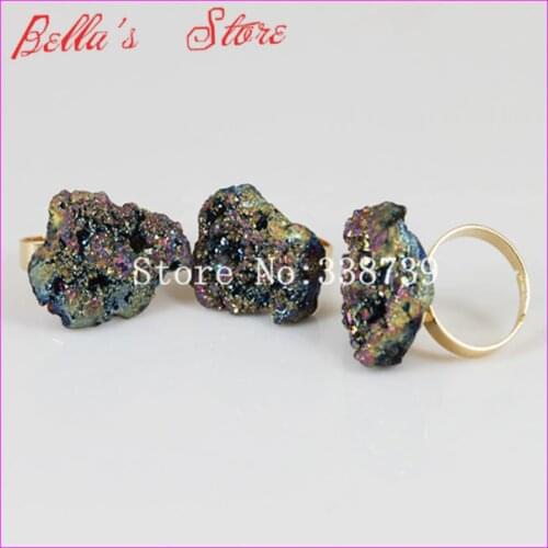 Beautiful Rainbow Titanium Quartz Druzy Ring Gold Color Bezel Adjustable Ring Quartz Finger Ring Gems Drusy Nature Ring