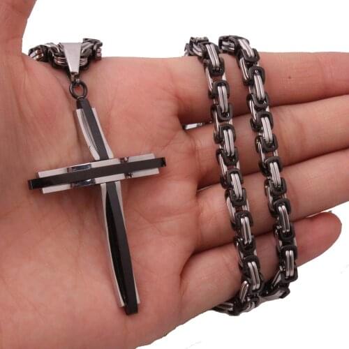 Mens Boys Chain Cross Christ Jesus Stainless Steel Double Layer Pendant with 18-36" flat Byzantine chain Necklace 5mm width