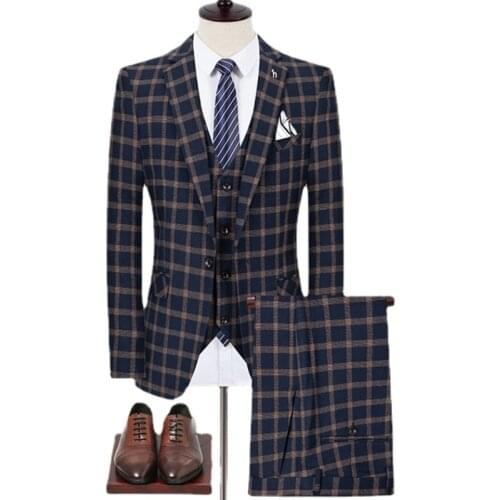 5XL (Jacket+Vest+Trousers)Male Formal Business Classic Plaids Suit for Mens Fashion Boutique Plaid Wedding Dress Suit 3 PCS Set