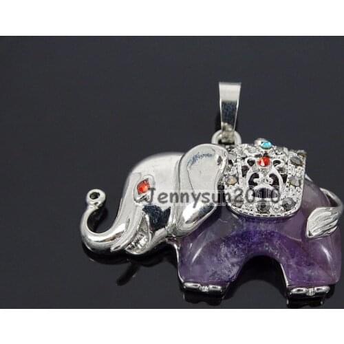 Natural Ame-thyst Gems Stone Elephant Reiki Chakra Healing Pendant Charm Bead Silver Plated Healing Jewelry Design 10Pcs/Pack