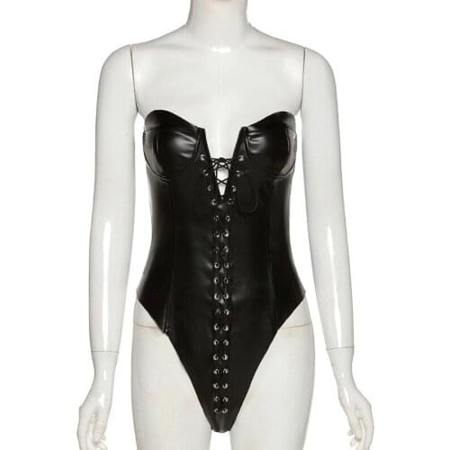Sexy Black PU Leather Strapless Tube Top Bodysuits Women Slim Fashion Latex Lingerie Catsuit Casual Party Gothic Bodysuit Mujer