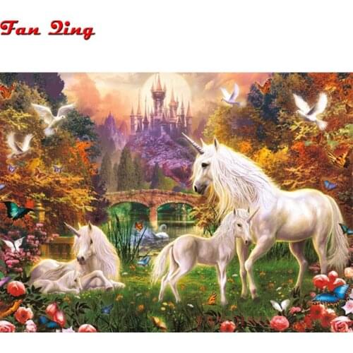 Full square diy 5d diamond painting unicorn castle diamond mosaic cross stitch diamond embroidery animal Bridge lake scenery