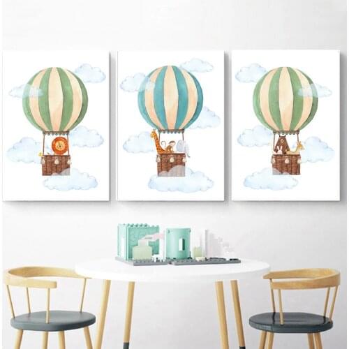 Lion Giraffe Bear Monkey Elephant Deer Rabbit Poster Hot Air Balloon Cloud Wall Art Canvas Painting Animal Print Kids Room Decor