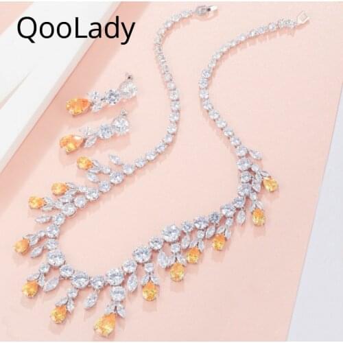 QooLady Quality Cubic Zirconia Stone Yellow Dangling Earring Necklace for Brides Wedding Accessories Statement Jewelry Sets Z025