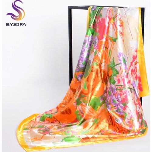 [BYSIFA] Brand Accessories Ladies Silk Scarf Cape Spring Autumn Muslim Yellow Head Scarves Wraps 90*90cm China Style Neck Scarf