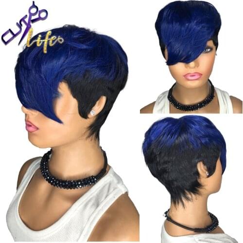 Blue Ombre Wavy Color Short Straight Bob Pixie Cut Made Glueless Non Lace 100% Remy Human Hair Wigs Wholesale For Black Women