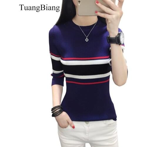 2020 Spring Women Half Sleeve Sweaters Slim O-Neck Striped Pullovers Sweaters Female Autumn Elasticity Bottoming Cotton Jumpers
