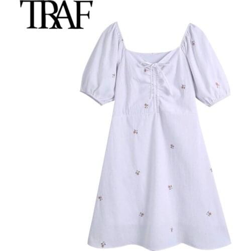 TRAF Women Chic Fashion With Tied Floral Embroidery White Mini Dress Vintage Short Sleeve Lining Female Dresses Mujer