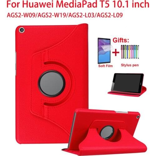 360 Degree Rotating Cover For Huawei MediaPad T5 10 AGS2-W09/L09/L03 10.1 inch T5 10.1 Flip Stand Leather Tablet Case+Film+Pen